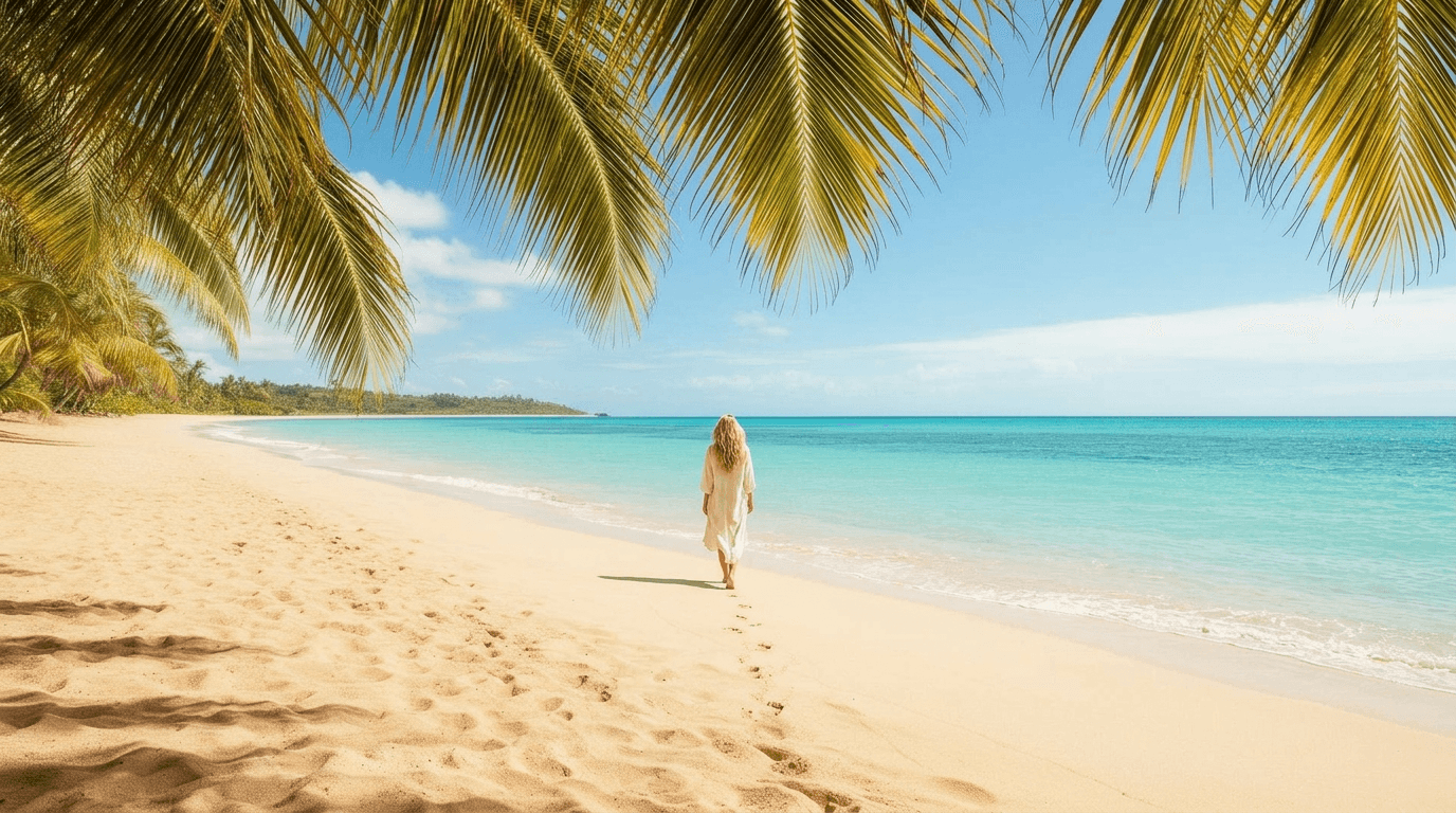 Woman walking barefoot on a calm Hawaiian beach under palm fronds