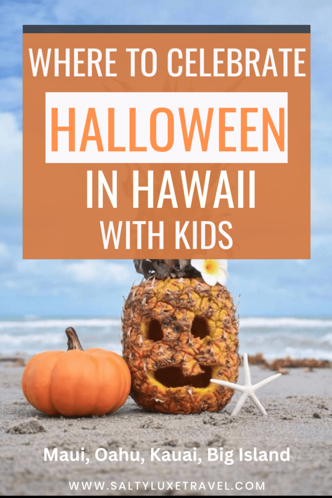 Carved pumpkins on a lanai with palm trees in the background
