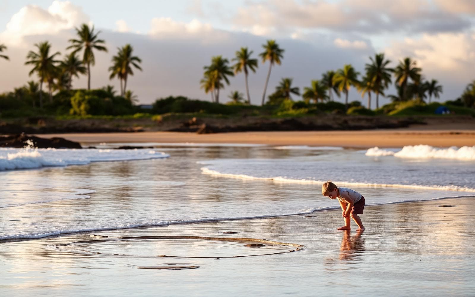 Child playing on a calm family beach in Hawaii at golden hour