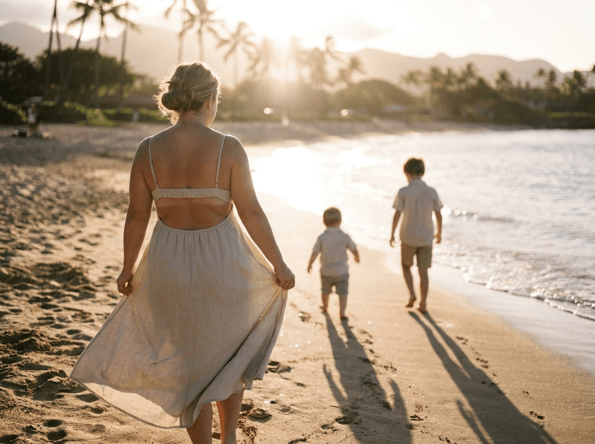 Family walking along a Hawaii beach at sunset